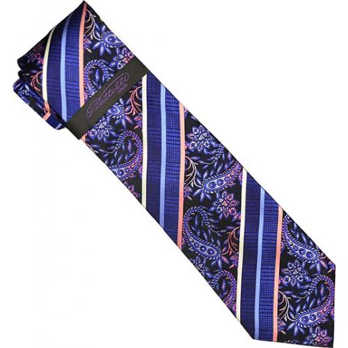 Piattelli Collection PT003 Navy Blue / Black / Sky Blue / White / Pink Diagonal Paisley Stripes 100% Woven Silk Necktie/Hanky Set